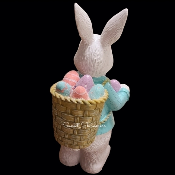 14" Easter Bunny Rabbit w/ Basket of Eggs Pink Pastel Sparkly Spring Decor NEW - Picture 7 of 14